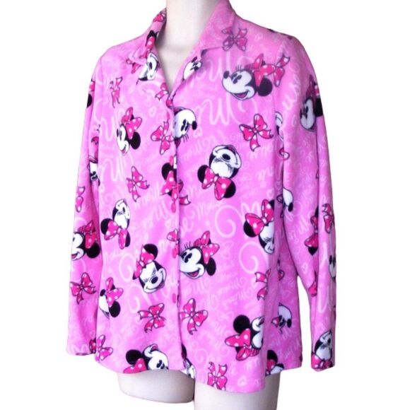 DISNEY Minnie Mouse Pajama Top, XL, Pink Fleece, Bows, Button front, Long sleeve - Picture 3 of 7